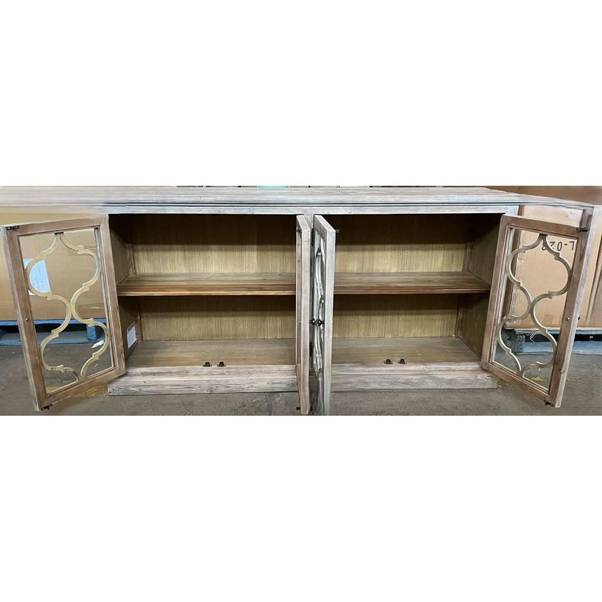 REINA GREYWASHED RECYCLED TIMBER/GLASS 4-DOOR BUFFET/SIDEBOARD