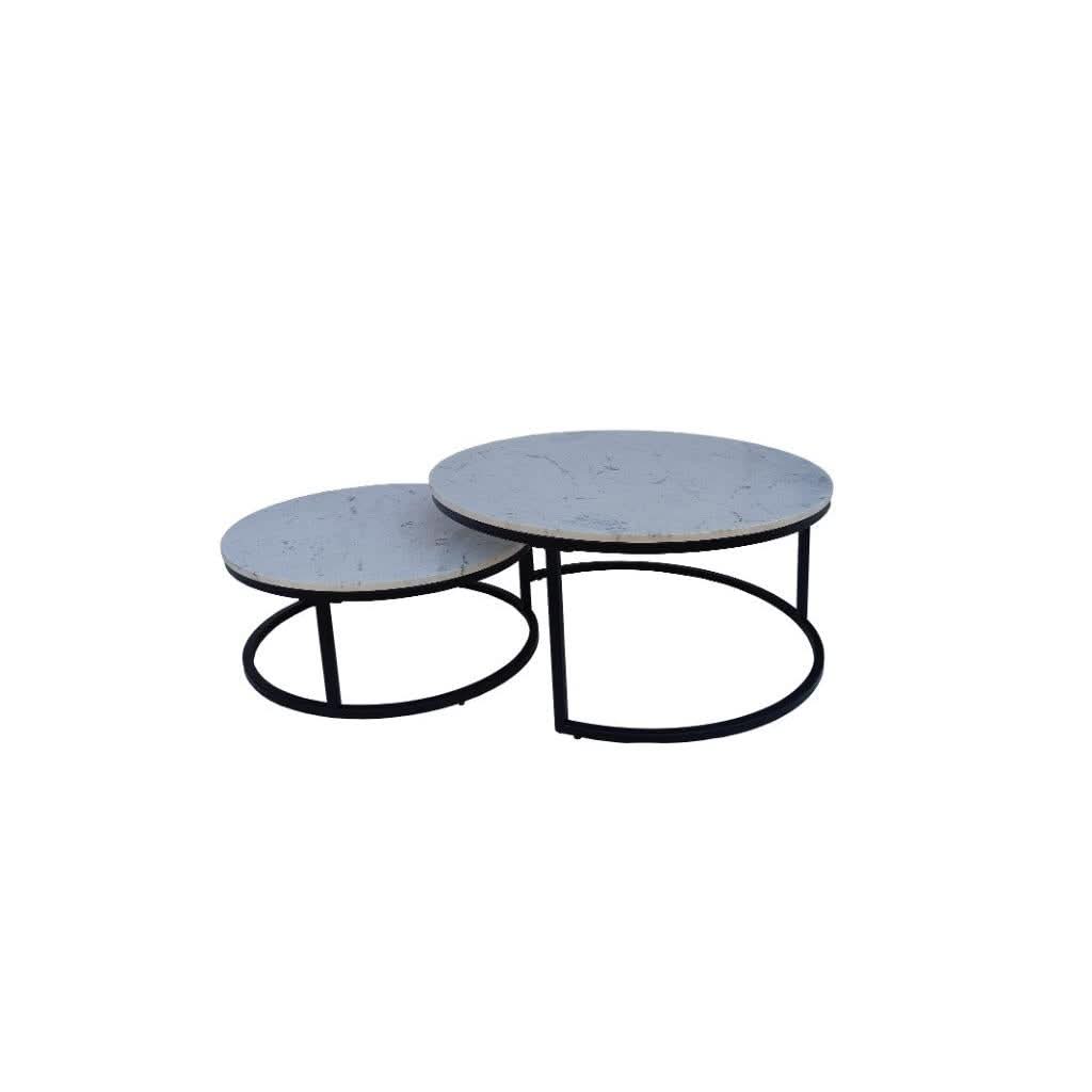 PEARSE SET OF 2 COFFEE TABLES WHITE MARBLE TOP/BLACK METAL LEGS