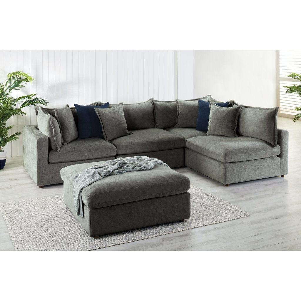 DEVINE CORNER LOUNGE SET WITH OTTOMAN PEWTER COLOURED FABRIC - MyChocolateWood
