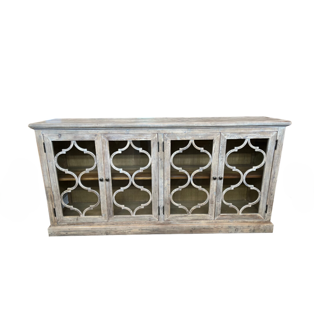 REINA GREYWASHED RECYCLED TIMBER/GLASS 4-DOOR BUFFET/SIDEBOARD