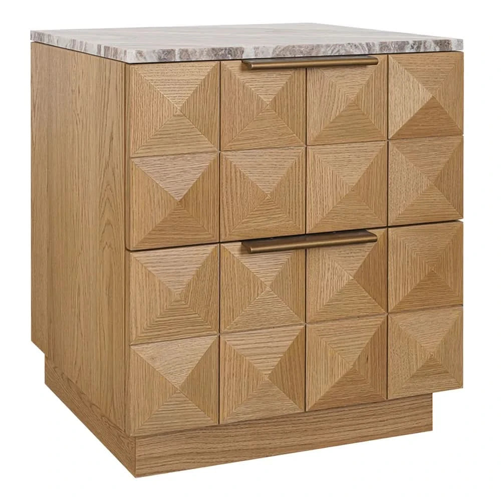 HAMPSHIRE RIVER BROWN MARBLE  NATURAL OAK 2-DRAWER BEDSIDE TABLE