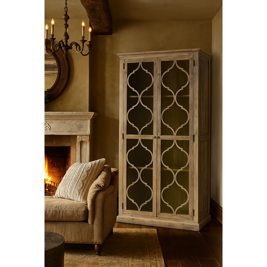 REINA GREYWASHED RECYCLED TIMBER/HERITAGE METAL 2-DOOR BOOKCASE DISPLAY CABINET