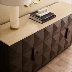 HAMPSHIRE WHITE MARBLE/SMOKED OAK 4-DOOR BUFFET/SIDEBOARD