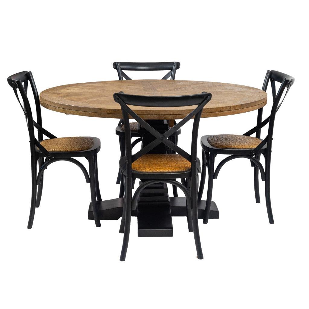 SORANZO MANGO WOOD ROUND DINING TABLE HANDCRAFTED PARQUET TOP OAK/BLACK 135CM FRENCH PROVINCIAL
