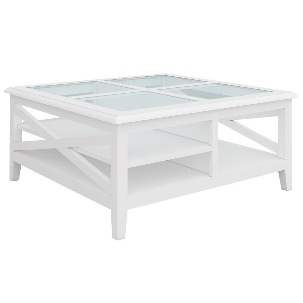 LUGANO HAMPTONS STYLE ACACIA SQUARE COFFEE TABLE W/GLASS TOP WHITE