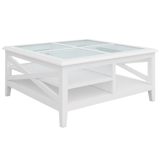 LUGANO HAMPTONS STYLE ACACIA SQUARE COFFEE TABLE W/GLASS TOP WHITE