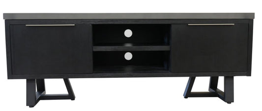 ANTHEA 2-TONE CONCRETE & ACACIA ETU TELEVISION UNIT 2 DOORS 1 DRAWER GREY TOP BLACK LEGS