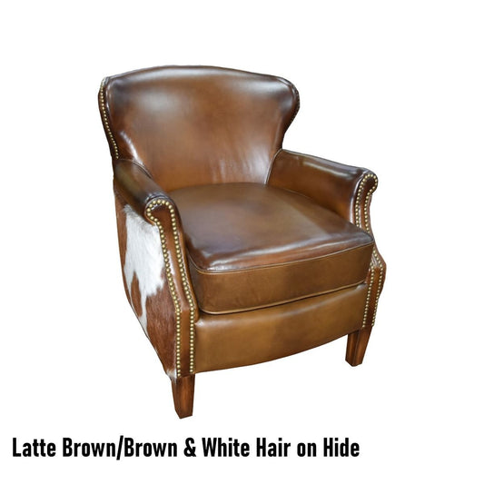 NAPIER GENUINE TOP GRAIN LEATHER ARMCHAIR EASY CHAIR LOUNGE CHAIR LATTE COLOURED LEATHER WITH BROWN & WHITE HAIR ON HIDE