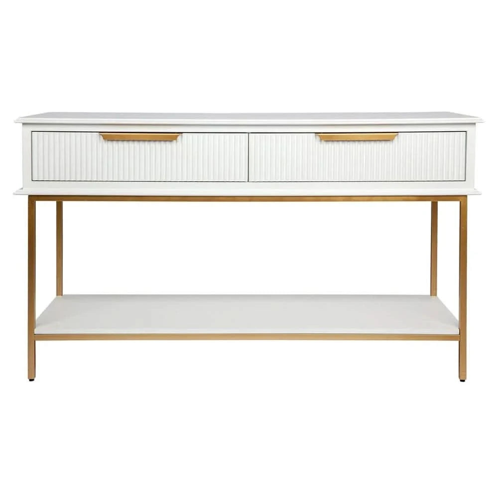 MORETTI 2-DRAWER CONSOLE TABLE/HALL TABLE SATIN WHITE  & GOLD SMALL