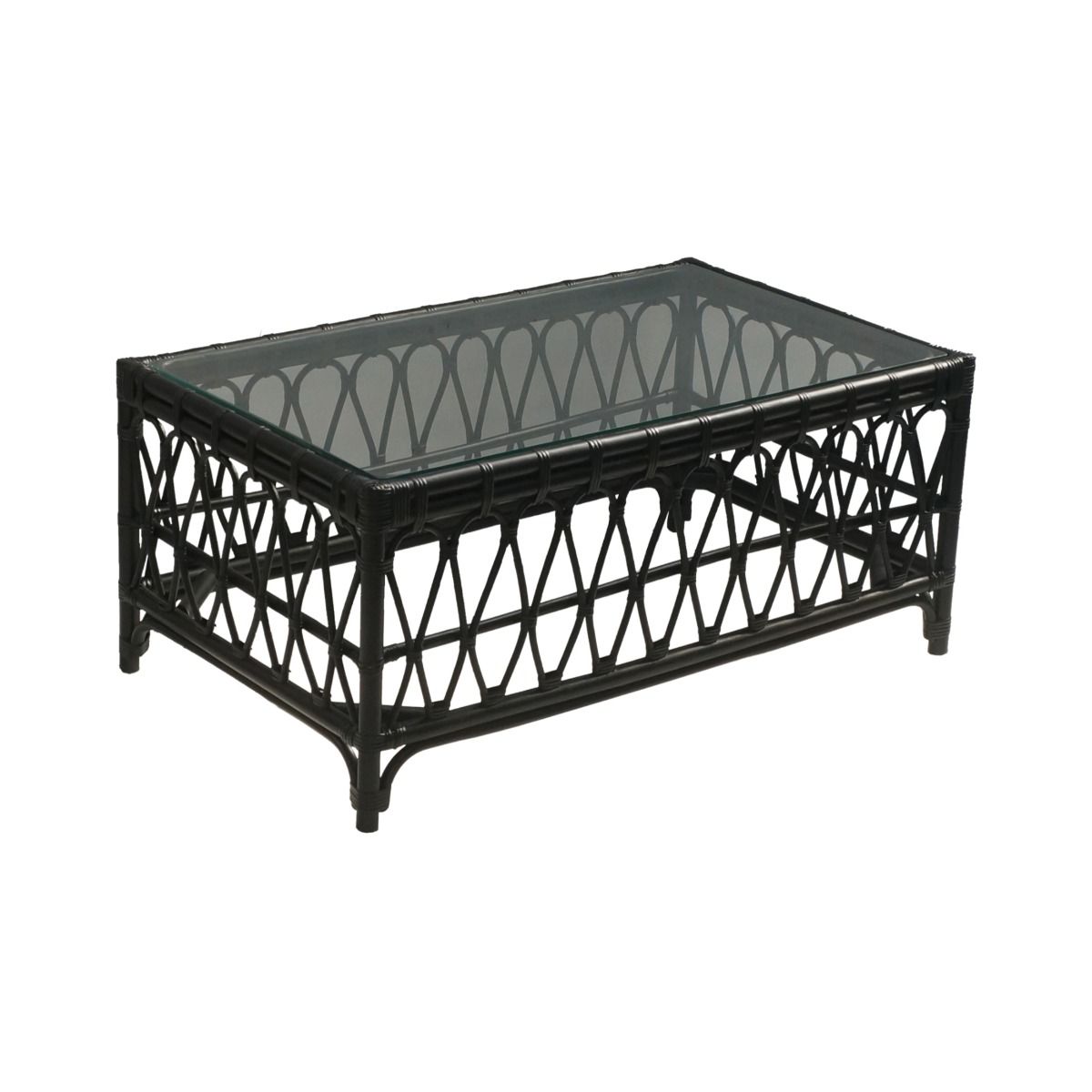 RUSSO TEMPERED GLASS TOP RATTAN COFFEE TABLE IN SOLID BLACK
