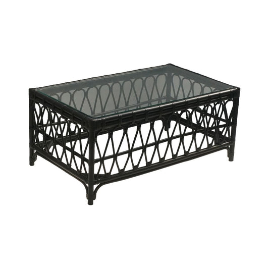RUSSO TEMPERED GLASS TOP RATTAN COFFEE TABLE IN SOLID BLACK
