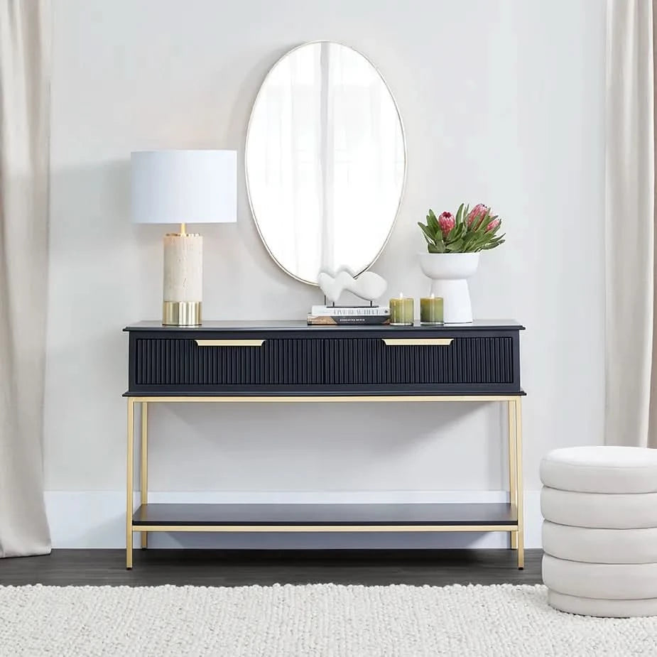 MORETTI 2-DRAWER CONSOLE TABLE/HALL TABLE SATIN BLACK  & GOLD SMALL