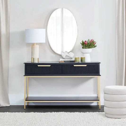 MORETTI 2-DRAWER CONSOLE TABLE/HALL TABLE SATIN BLACK  & GOLD SMALL
