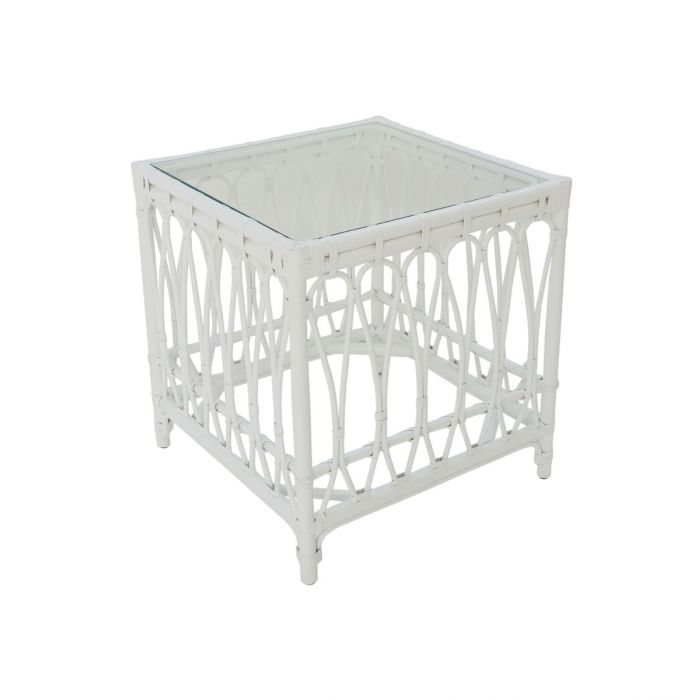 RUSSO TEMPERED GLASS TOP RATTAN SIDE TABLE IN SOLID WHITE