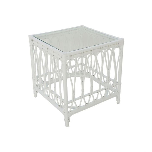 RUSSO TEMPERED GLASS TOP RATTAN SIDE TABLE IN SOLID WHITE