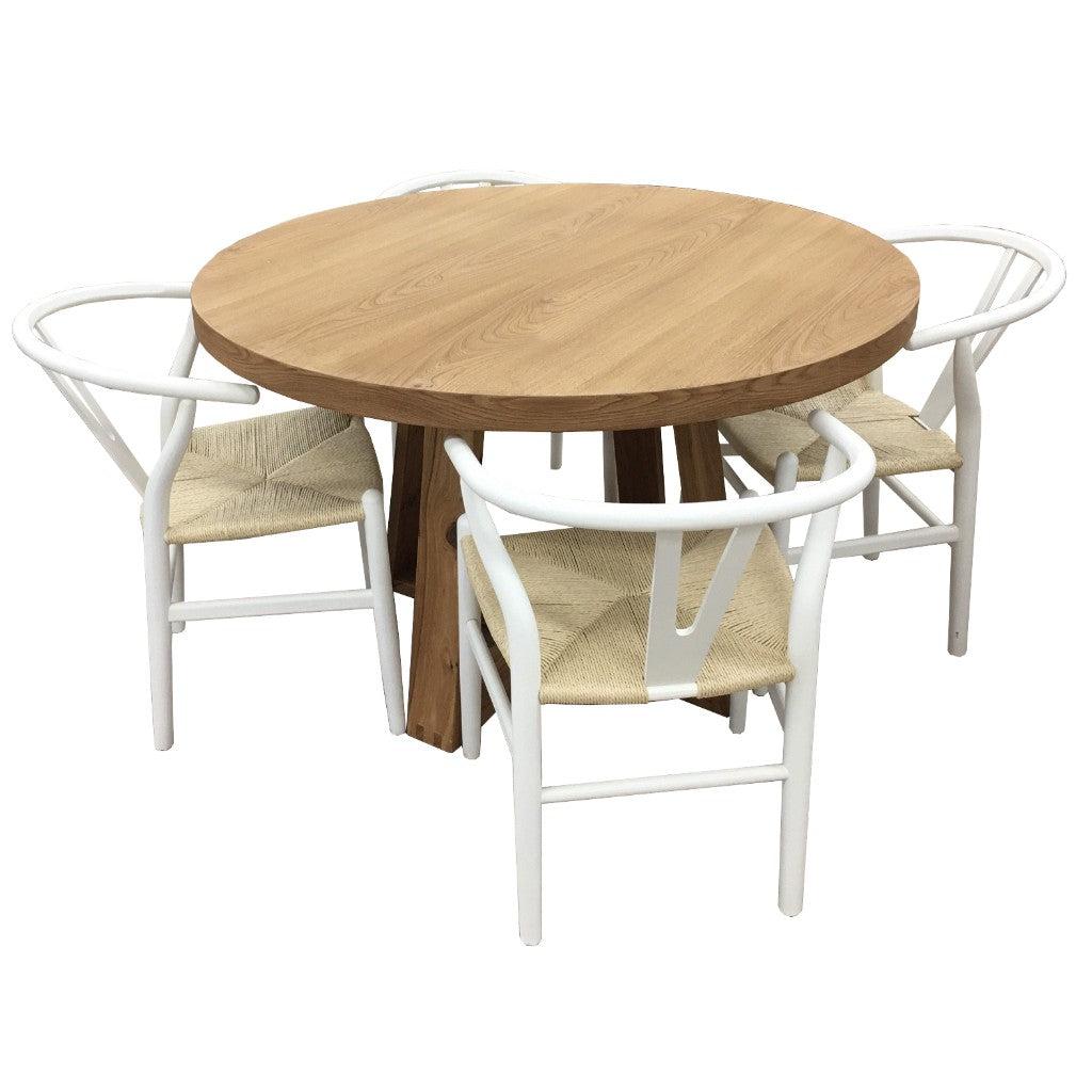 STROUD ELM VENEER TIMBER/MDF 5 PIECE DINING SET: 1  ROUND DINING TABLE 120CM  & 4 STROUD DINING CHAIRS WHITE