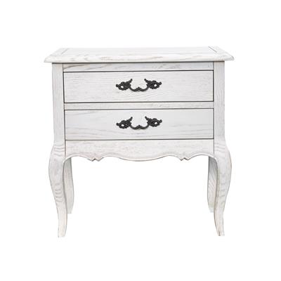 CLARENCE VINTAGE HAND CARVED OAK & VENEER 2 DRAWER BEDSIDE LIGHTLY DISTRESSED WHITE