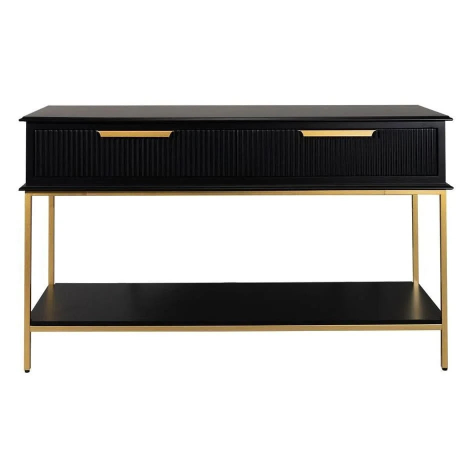 MORETTI 2-DRAWER CONSOLE TABLE/HALL TABLE SATIN BLACK  & GOLD SMALL