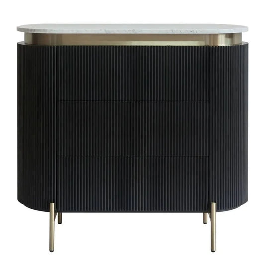 DENEUVE 3 DRAWER CHEST OF DRAWERS BLACK WITH CARRARA MARBLE TOP