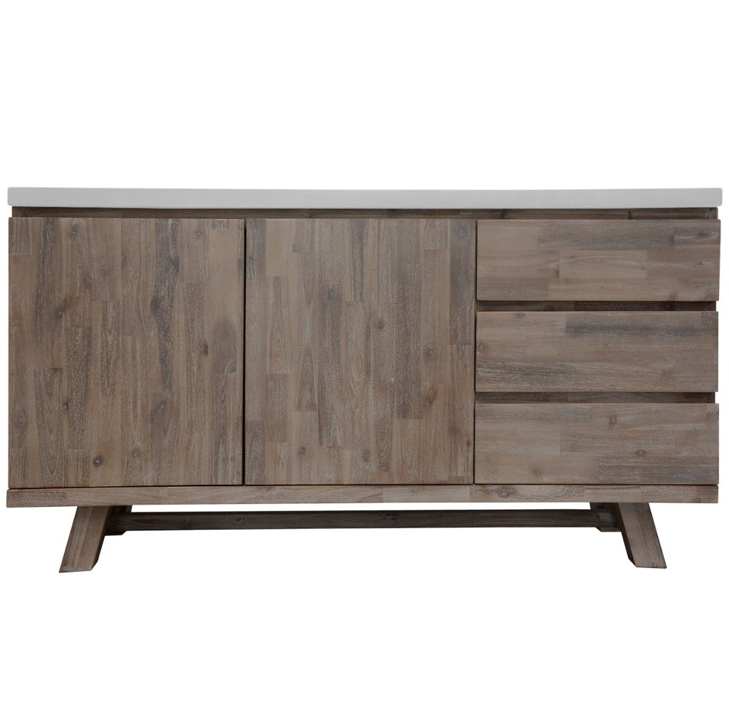 ROSALI 2-TONE WHITE CONCRETE TOP & SOLID ACACIA PEWTER BUFFET SIDEBOARD 3 DRAWERS 2 DOORS
