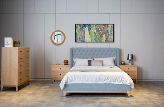 NERISSA QUEEN BED  WITH FABRIC BUTTON TUFTED HEADBOARD IN LIGHT GREY