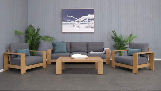 CAPELL 4-PIECE OUTDOOR LOUNGE SETTING WICKER ON ALUMINIUM FRAME TEAK LOOK FINISH/CHARCOAL CUSHIONS
