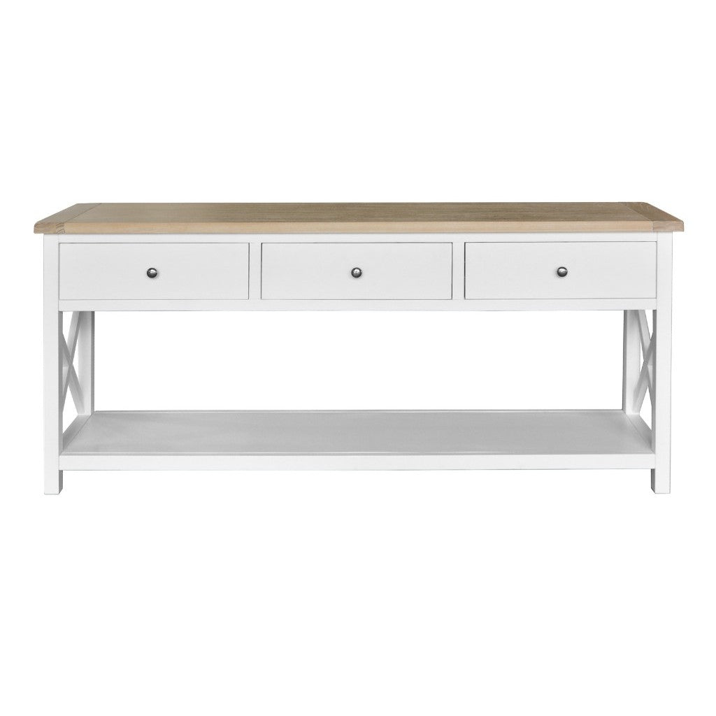 CHRISTA HAMPTON SOLID ACACIA 3-DRAWER CONSOLE TABLE HALL TABLE LIGHT OAK/WHITE
