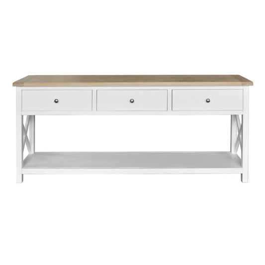 CHRISTA HAMPTON SOLID ACACIA 3-DRAWER CONSOLE TABLE HALL TABLE LIGHT OAK/WHITE