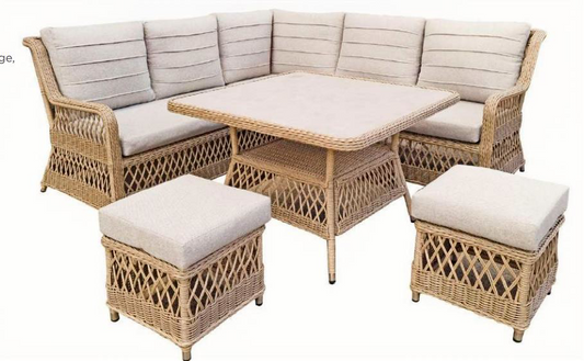 NOLA OUTDOORS 6PC CORNER WICKER SOFA SET- NATURAL/STONE