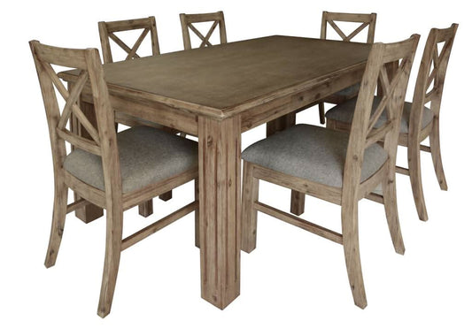 DEVONSHIRE ACACIA TIMBER 7 PIECE DINING SET -1 DINING TABLE  180CM & 6 DEVONSHIRE DINING CHAIRS BRUSHED KHAKI