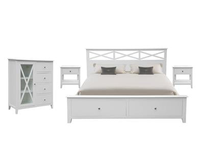 LUGANO HAMPTONS STYLE ACACIA 4 PIECE BEDROOM SUITE: 2-DRAWER DOUBLE BED 1 GLASS DOOR TALLBOY  2 BEDSIDE TABLES