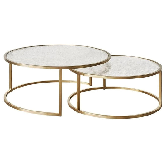 CLAUDIA SET OF 2 ROUND RIPPLED GLASS & GOLD NESTING COFFEE TABLES