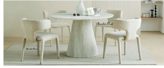 BYRD 5 PIECE DINING SET: 1  ROUND DINING TABLE TRAVERTINE LOOK 120CM  & 4 BYRD DINING CHAIRS IVORY