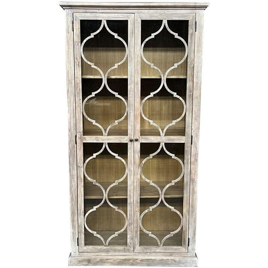 REINA GREYWASHED RECYCLED TIMBER/GLASS 2-DOOR BOOKCASE DISPLAY CABINET