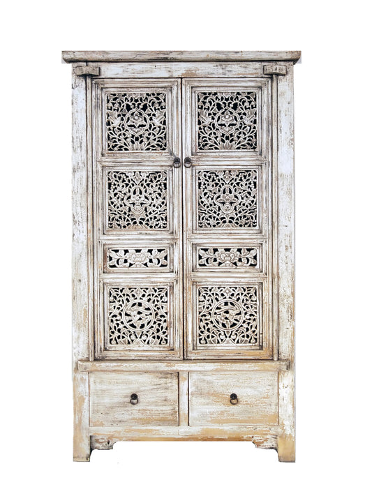 BEIBEI NGH006 CHINESE ANTIQUE RECYCLED  PINE TIMBER 2-DOOR 2-DRAWER CUPBOARD CABINET DISTRESSED WHITE