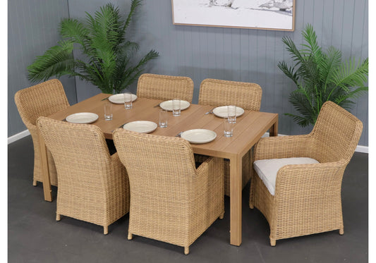 CAPELL 1800 7-PIECE OUTDOOR DINING SUITE WICKER ON ALUMINIUM FRAME TEAK LOOK/NATURAL CUSHIONS