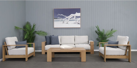 CAPELL 4-PIECE OUTDOOR LOUNGE SETTING WICKER ON ALUMINIUM FRAME TEAK LOOK/NATURAL CUSHIONS