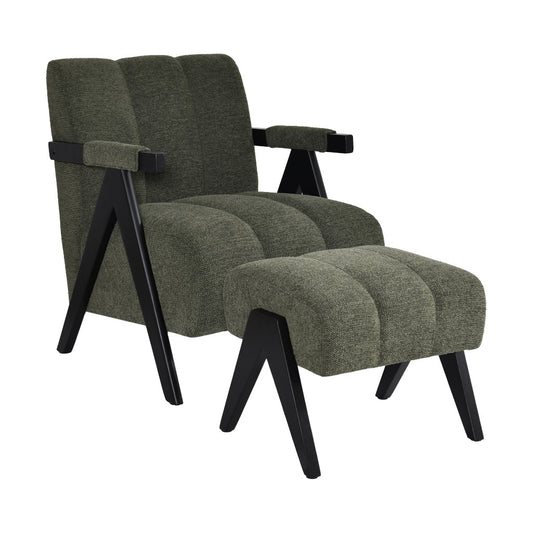 PELLERIN FABRIC ARMCHAIR & MATCHING STOOL DARK GREEN