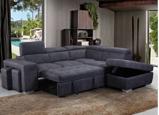 ALBRET FABRIC 2-SEATER SOFA BED + 2 OTTOMANS W/RHF CHARCOAL