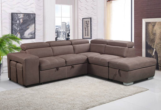 ALBRET FABRIC 2-SEATER SOFA BED + 2 OTTOMANS W/RHF MUSHROOM