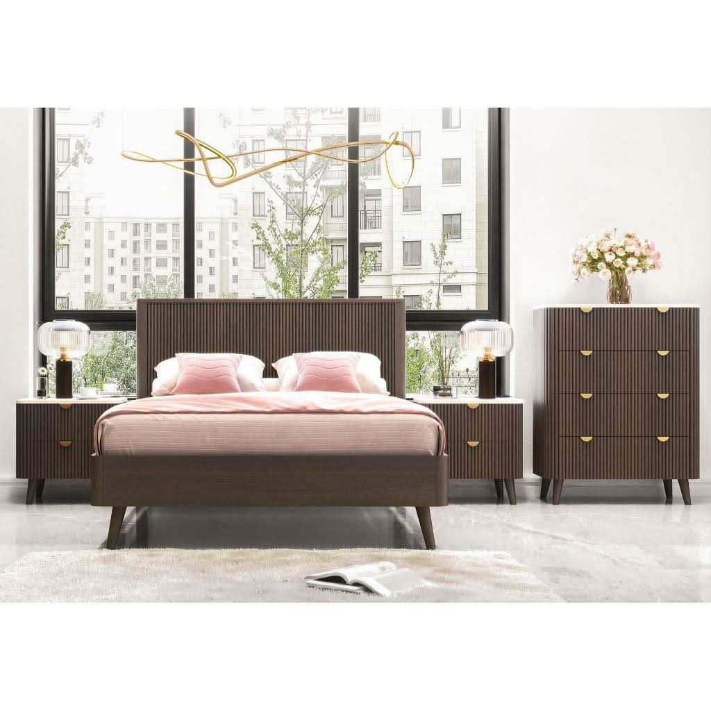 SEVERIN SOLID & VENEER MALAYSIAN HARDWOOD QUEEN BEDROOM SUITE: QUEEN BED, 2XBEDSIDES, TALLBOY WALNUT
