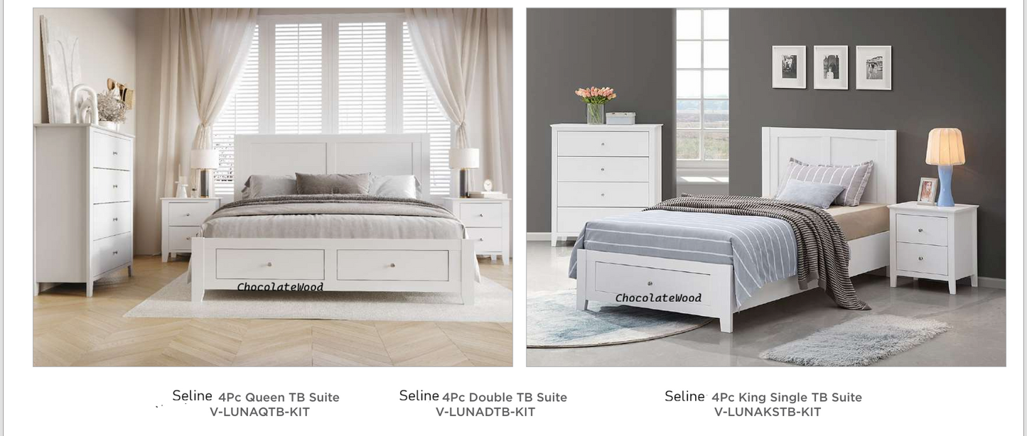 SELENE RUBBERWOOD 4 PIECE BEDROOM SUITE: 2-DRAWER QUEEN BED 2 BEDSIDE TABLES TALLBOY