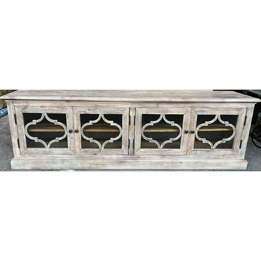 REINA GREYWASHED RECYCLED TIMBER/GLASS 4-DOOR ETU TELEVISION UNIT