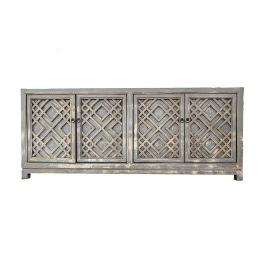 LIMIN H220221 RECYCLED PINE TIMBER CHINESE ANTIQUE SIDEBOARD BUFFET 4 DOORS TURQUOISE