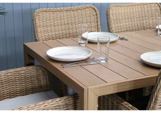 CAPELL 2400 9-PIECE OUTDOOR DINING SUITE WICKER ON ALUMINIUM FRAME TEAK LOOK NATURAL