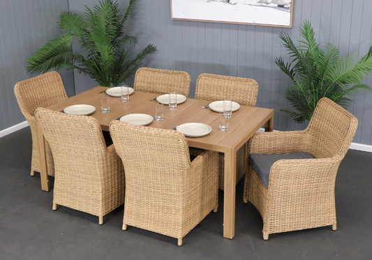 CAPELL 1800 7-PIECE OUTDOOR DINING SUITE TEAK LOOK WICKER ON ALUMINIUM FRAME/CHARCOAL CUSHIONS