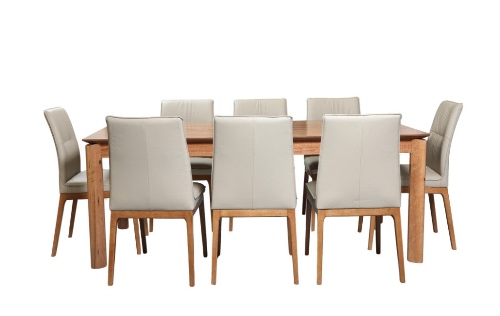 BUNGARRA 9 PIECE MARRI WOOD RECTANGULAR DINING TABLE SET 240CM + 8 BUNGARRA MOCHA LEATHER DINING CHAIRS