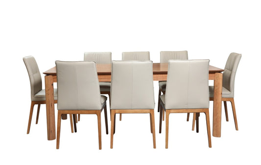 BUNGARRA 9 PIECE MARRI WOOD RECTANGULAR DINING TABLE SET 240CM + 8 BUNGARRA MOCHA LEATHER DINING CHAIRS