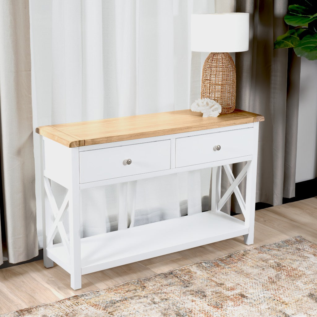 CHRISTA HAMPTON SOLID ACACIA 2-DRAWER CONSOLE TABLE HALL TABLE LIGHT OAK/WHITE