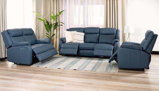 BARRON GENUINE MURANO LEATHER 3-SEATER  2-SEATER + 1 SINGLE RECLINER ARMCHAIR  LOUNGE SUITE MARINE BLUE